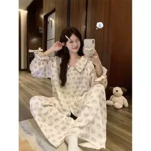 팽블몰 면 커플 잠옷세트 귀여운 거즈 캐릭터넥 나팔 실내복 파자마 세트 HO1
