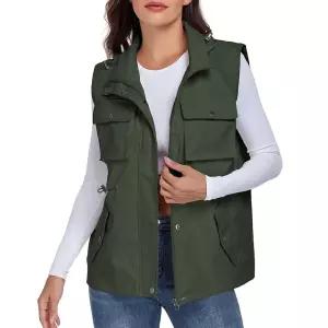 KateModa 여성용 밀리터리 유틸리티 조끼 민소매 드로스트링 재킷 방수 카고 조끼 겉옷 탈착식 후드 포함,