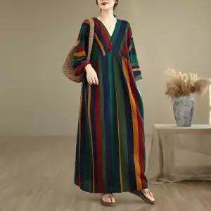 원피스 여성용 가을 프렌치 프린트 브이넥 빅사이즈 슬림핏 면마 플라워 얇은 스트라이프 긴팔 CH3