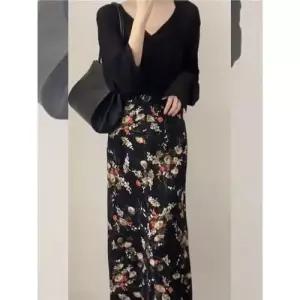 원피스 검정 여친 봄 상의 이른 얇은 프렌치 플라워 햅번 CH1