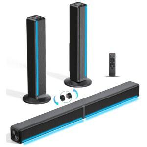 TV 사운드 바, 바(RGB LED 조명 및 2.1CH 블루투스 스피커 서라운드 시스템 포함), 180W 사운드, AUX / 광/HDMI ARC 홈 시어터 스피커, 스마트 TV/프로젝터/게이밍/PC용 2 in 1 탈부착 가능