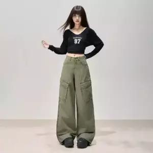 여자 초록 배기핏 청바지 밀리터리 다포켓 와이드 슬림핏 트렌드 슬리퍼 KS1