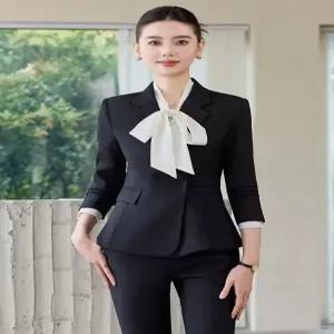 EAMT 여성용 그레이 오피스룩 작업복 호텔 음식종업원 정장 보석 봄가을 가게 미용실 세트 YJ3