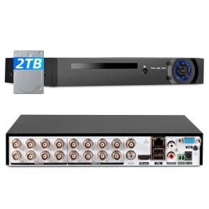 16채널 레코더 DVR, 카메라용 5MP 16CH 감시 비디오 레코더, 하이브리드 5-in-1 카메라 DVR AHD /TVI /CVI /CVBS /IP(인간 감지 기능 포함), 24/7 녹화(2TB 하드 드라이브 포함)