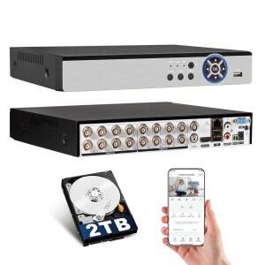 KERUI 16채널 레코더 DVR 16CH 5MP 감시 비디오 H.265+ 하이브리드 6-in-1 AHD /TVI /CVI /CVBS /IP /XVI 카메라 DVR(인간 감지 기능 포함), 24시간 연중무휴 녹화(2TB 하드 드라이브 포함)