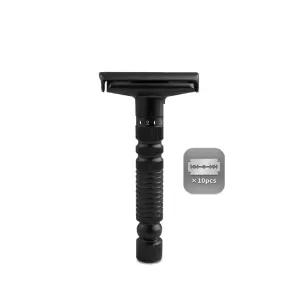 6단계 조절 가능 듀얼 블레이드 안전 면도기 (플래티넘 코팅 스테인리스 스틸 날 10개 포함). 스탠드 선택