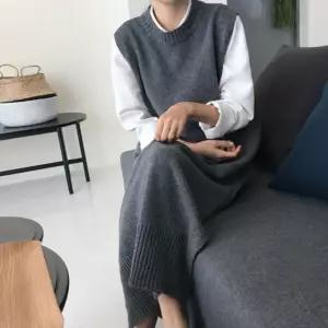 여성 라운드 밑단 절개 롱니트 조끼 1P 봄가을 베스트 bGN2+3Hrf