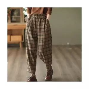 EAMT 여자 9부 바지 모직 체크팬츠 추동 빈티지 앤티크 캐주얼 배기 EUNG3