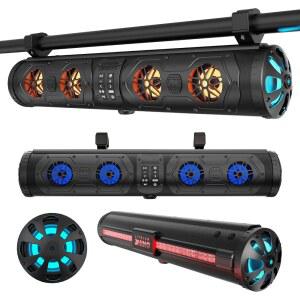 RGB 조명이 있는 리튬 라이노 UTV 사운드 바 블루투스, 28인치 방수 골프 카트 바, 8개의 스피커 HiFi 2.1HD 증폭 파워스포츠 오프로드 ATV 호환 가능한 LED 시스템 마린