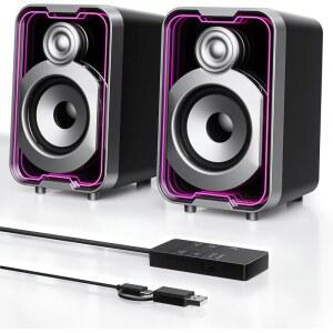 SOULION 2.0 컴퓨터 스피커, 데스크탑용 이지 컨트롤 포드가 장착된 10W USB 전원 블루투스 유선 PC 모니터 노트북 게이밍 뮤직 블랙을 위한 5가지 거울 같은 LED 조명 모드가 작은 책상 사운드바