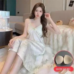 수피 초록 대방 잎사귀 럭셔리 나시 패드 롱스커트 쿨링 파자마 프렌치풍 기본 슬립 파자마세트 JEN1