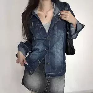 진청 데님 아우터 여성용 스탠다드핏 빈티지 워싱 가공 일상 캐주얼 간절기 봄가을