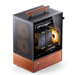 JONSBO T7 블랙 마이크로 ATX PC 케이스, 알루미늄 섀시, 다기능 손잡이, 솔리드 우드 베니어 데스크톱 컴퓨터 MB: MicroATX /ITX, GPU 280mm, PSU 220mm, 왼쪽 블랙에 배치