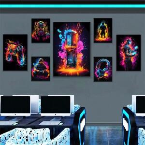 호환 네온 비디오 게임 캐릭터 포스터 인쇄 패드 헤드폰 축구 농구 캔버스 벽 아트 장식 룸