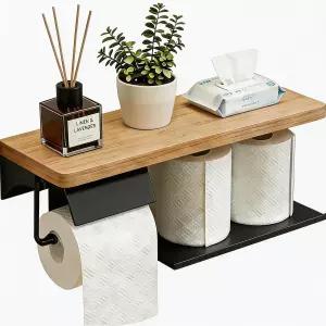 선반이 있는 구완프 나무 화장지 홀더 - 304 스테인리스 스틸 벽걸이 욕실 수납 검은색 선반 접착식 롤