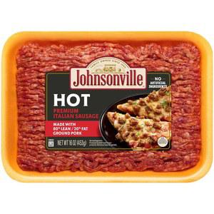 존슨빌 프리미엄 80% 린 / 20% 뚱뚱한 핫 이탈리안 갈은 돼지고기 소시지, 1파운드 트레이 냉장 보관