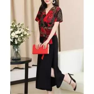 쉬폰블라우스 여름 쉬폰 반팔 블라우스 옆트임 7부 치마 바지 세트