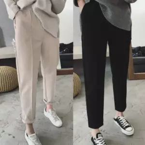 여성 따뜻한 모직 원단 편안한 허리밴딩 데일리 바지 vqQ2+5ypA