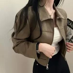 스웨이드 세무 봄 가을 카라 크롭 자켓 재킷