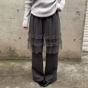 [하프클럽/]여자 따뜻한 겨울 기모 레이어드 프릴 망사 밴딩 와이드 팬츠