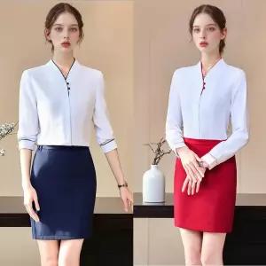 화이트 심플 V라인 블라우스 H라인 스커트 유니폼