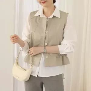 버튼 페이크 레더 베스트 /여성 라운드넥 인조가죽 조끼 UVT105