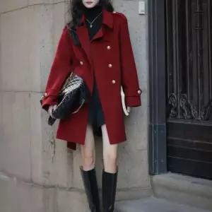 여성울코트 여성 데일리 숏타입 허리 스트랩 더블 코트 레드