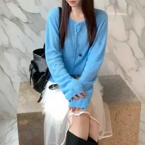 [하프클럽/]여성 부드러운 모헤어 혼합 라운드넥 여리핏 카디건