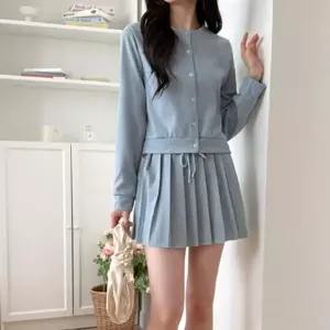 [하프클럽/]여성 라운드넥 버튼 가디건과 플리츠 미니스커트 세트 코디