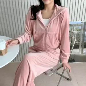 [옷은날개] 벨벳 후드 집업 크롭 상의 와이드 밴딩 팬츠 트레이닝