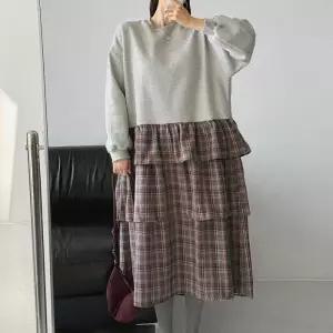 [신상오픈런]여성 체크 프릴 레이어드 롱원피스 빅사이즈 기모 (44091933)