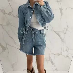 [하프클럽/]여성 퍼프 카라넥 스트링 셔링 크롭 청자켓 봄 투웨이