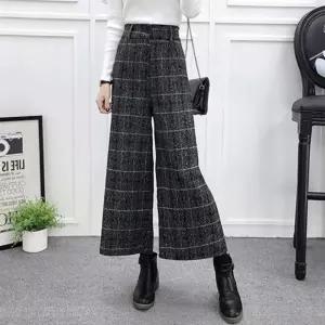 여성 겨울 간절기 체크 9부 모직 와이드 팬츠 통 바지 KfM9+2rPI