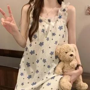 여성용 플로럴 프린트 파자마 캡내장 원피스 여름 잠옷 신혼부부 커플