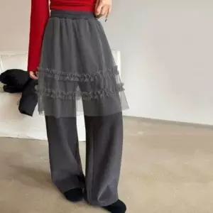 [하프클럽/]여성용 따뜻한 겨울 기모 레이어드 프릴 망사 밴딩 와이드 바지