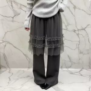 [하프클럽/]여성용 따뜻한 겨울 기모 레이어드 프릴 망사 와이드 팬츠