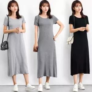 여성 부드러운 라운드넥 모달 반팔 원피스 홈웨어 등원 잠옷 롱 여름