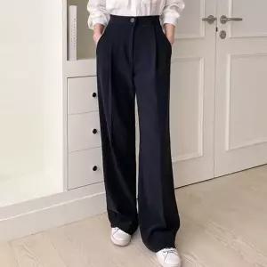 여성 봄 가을 하이웨스트 밴딩 핀턱 와이드 슬랙스 정장 바지 통바지 블랙 세미 와이드팬츠 PN0736S