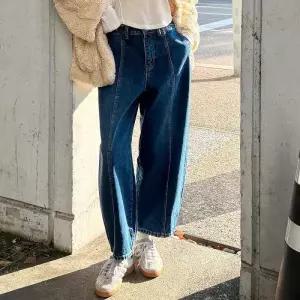 [신상오픈런]여성 기모 절개 커브드 와이드 청바지 워싱 논스판 (44092327)