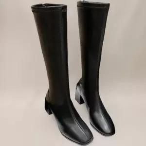 [신상오픈런]여성 가죽 텍스처 기모 스판 중간 굽 롱 부츠 (44092215)