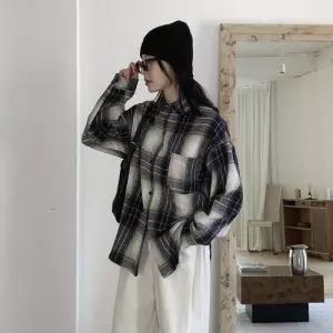[신상오픈런]여성 체크 오버핏 기모 긴팔 셔츠 (44092091)