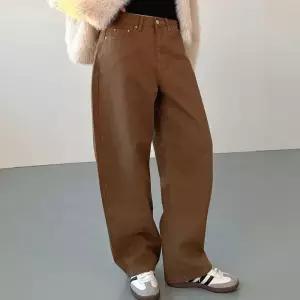 [신상오픈런]여성용 기모 카멜 와이드핏 커브드 팬츠 겨울용 코튼 바지 (44092437)