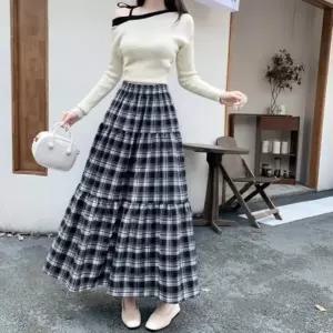 [다잇템] 여자 허리밴드 후레아 MAXI 격자 티어드 스커트
