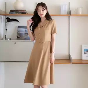 [시크라인] (~XXL까지) 바이엘 카라 자켓 레이어드 플레어 원피스 여름 하객룩 오피스룩 모임룩 격식룩 빅사이즈