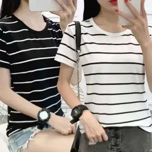 [RIZPICK]레이디스숏티 심플 패턴 스트라이프 가로줄 상의 남방 2P 2피스