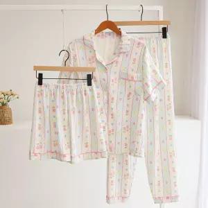 [잇수다] (SET) 프림 플라워 반팔 반바지 긴바지 잠옷 홈웨어 파자마 쓰리피스 세트
