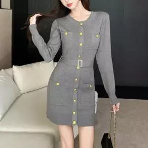 [신세계라이브쇼핑][옷자락] 여자 가을겨울 간절기 골드버튼 벨티드 니트 원피스