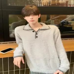 남자 회색 가을 칼라넥 숄카라 자수 손바느질 카디건 스웨터 원픽3