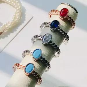 오벌 타원 큐빅 체인 반지 ( 루비레드 , 블루 , 화이트 , 터키석 하늘색 반지 )