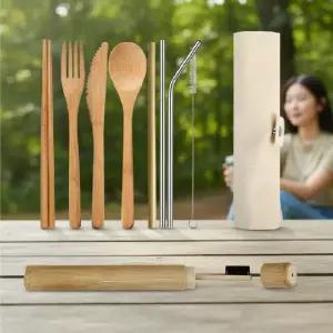 ( )대나무 수저 칫솔세트 캠핑 커트러리 파우치 포함 구성